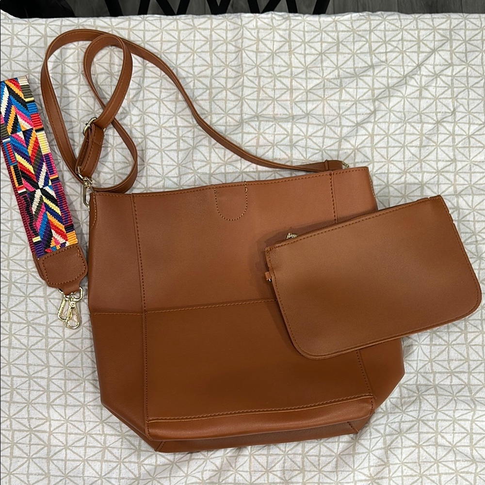 Brown Leather Tote Bag with Colorful Strap/Leather Strap/Wristlet